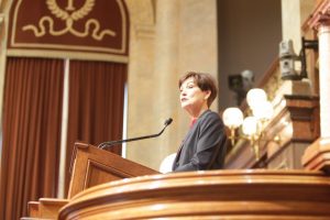 Iowa Gov. Kim Reynolds delivers her Condition of the State address in the House chamber of the State Capitol Building in Des Moines on Jan. 15, 2019. In the address, her first as an elected governor, she largely outlined bipartisan initiatives which have received widespread support.