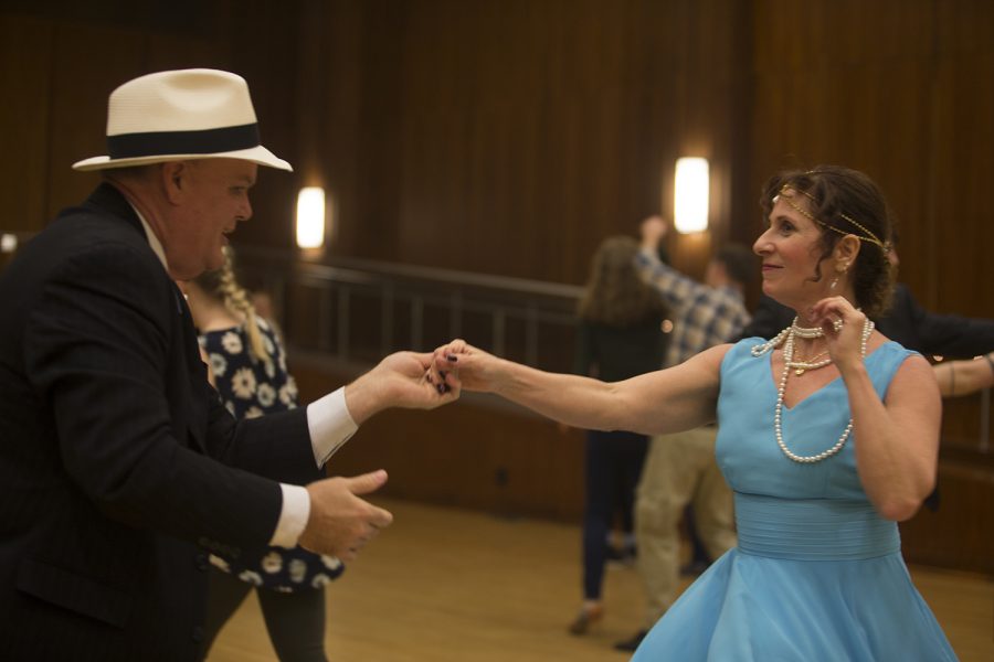 A couple dressed in 1920s formalwear dancing at the Swing Dance Clubs Gatsby Dance on Jan. 26 at the IMU.
