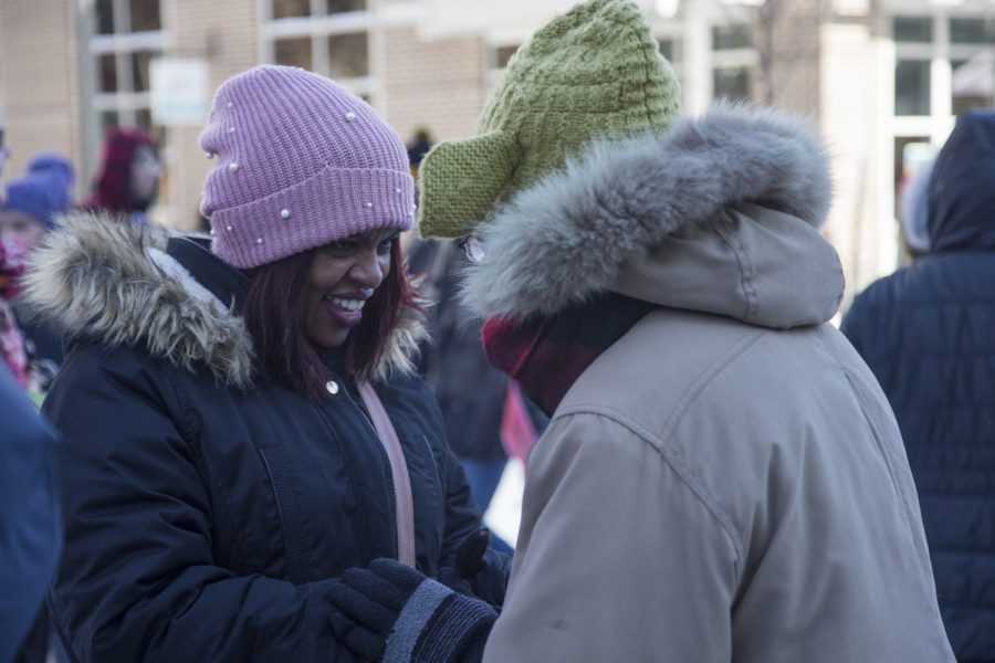 City councilwoman Mazahir Salih speaks to an attendee after the Womens March on Saturday, January 19, 2019. The Womens March is an annual event that started in 2017 following the inauguration of President Donald Trump. The march advocates for a range of issues including womens rights,  healthcare reform, LGBTQ+ rights, and environmental issues. 