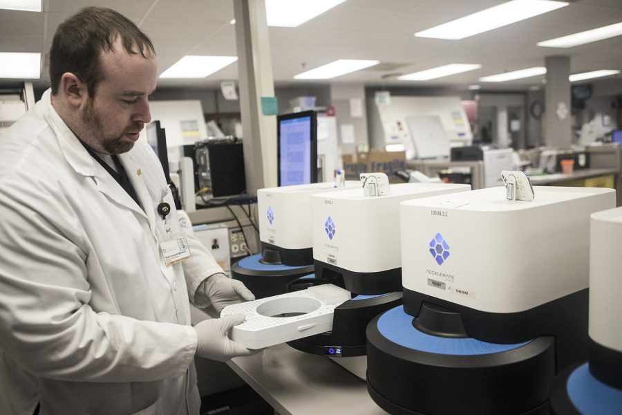 The Accelerate Pheno, a new technology that diagnoses Sepsis, is seen in a lab at the University of Iowa Hospitals and Clinics on Tuesday, January 22, 2019. Lab scientist Brett Irving demonstrates how to use the technology. 