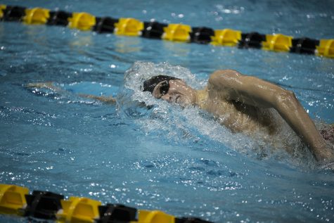 Hawkeye Thomas Pederson competes in the Mens 500 D Final during the Hawkeye Invitational swim meet at the Campus Recreation and Wellness Center on Thursday Nov. 15, 2018. Iowa competed against 14 schools across the midwest in a variety of events including free relay, freestyle, and medley relay.