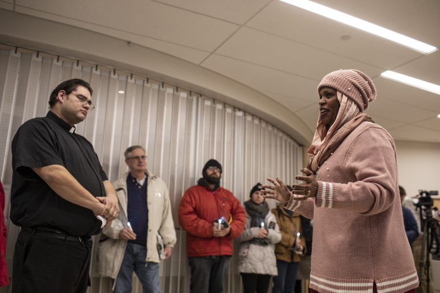 Councilwoman Mazahir Salih speaks during a vigil at City Hall on Tuesday, January, 22, 2019. Members of the community gathered to protest the design of the new benches in the Pedestrian Mall.