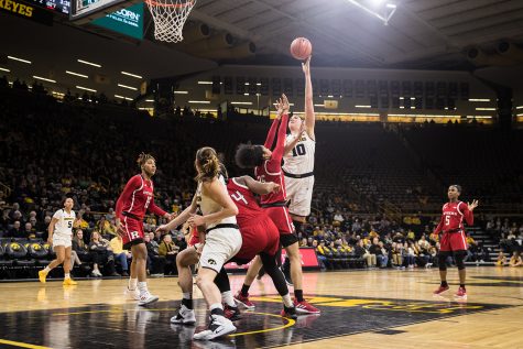 Iowa center Megan Gustafson lays the ball up during a womens basketball matchup between Iowa and Rutgers at Carver-Hawkeye Arena on Wednesday, January 23, 2019. The Hawkeyes defeated the Scarlet Knights, 72-66.