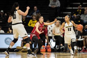 Iowa guard Tania Davis dribbles through the defense during a womens basketball matchup between Iowa and Rutgers at Carver-Hawkeye Arena on Wednesday, January 23, 2019. The Hawkeyes defeated the Scarlet Knights, 72-66.