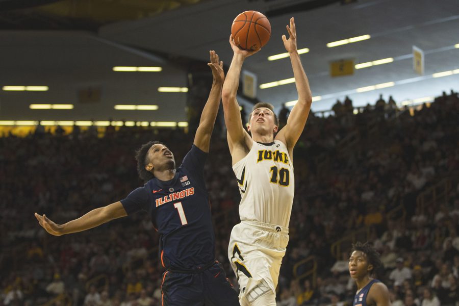 Iowa guard Joe Wieskamp attempts a shot during the Iowa/Illinois men's basketball game at Carver-Hawkeye Arena on Sunday, January 20, 2019. The Hawkeyes defeated the Fighting Illini, 95-71. (Lily Smith/The Daily Iowan)