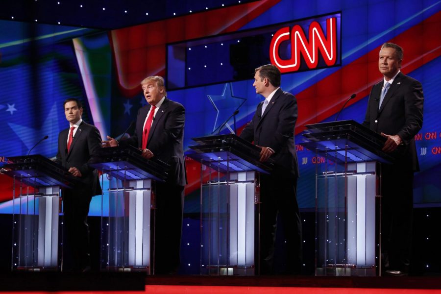 From left, Republican primary candidates Sen. Marco Rubio, Donald Trump, Ted Cruz and John Kasich during the GOP presidential primary debate at the University of Miami's Bank United Center in Coral Gables, Fla., on Thursday, March 10, 2016. (Carolyn Cole/Los Angeles Times/TNS)