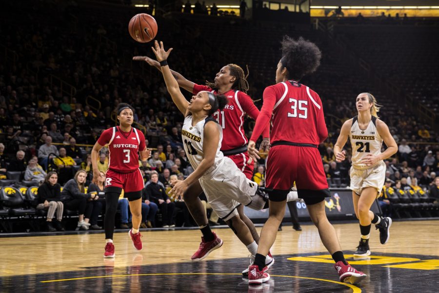 Iowa guard Tania Davis drives to the net during a womens basketball matchup between Iowa and Rutgers at Carver-Hawkeye Arena on Wednesday, January 23, 2019. The Hawkeyes defeated the Scarlet Knights, 72-66.
