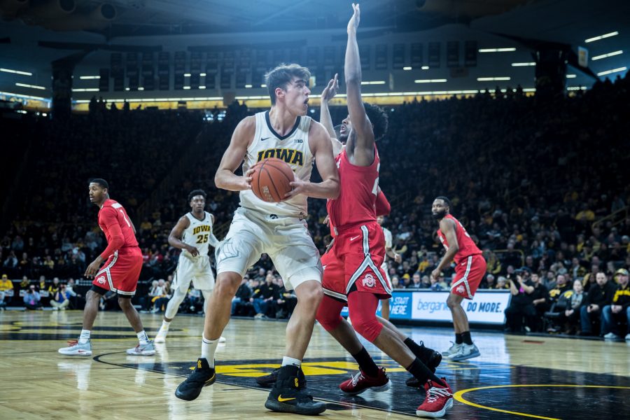 Iowa forward Luka Garza drives to the net during a mens basketball matchup between Ohio State and Iowa at Carver-Hawkeye Arena on Saturday, January 12, 2019. The Hawkeyes defeated the Buckeyes, 72-62.