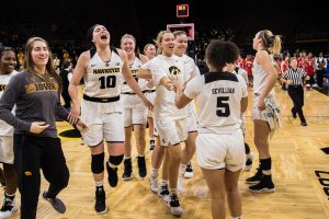 Iowa players celebrate a victory after a womens basketball matchup between Iowa and Rutgers at Carver-Hawkeye Arena on Wednesday, January 23, 2019. The Hawkeyes defeated the Scarlet Knights, 72-66.