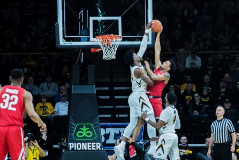 Iowa forward Tyler Cook blocks a layup during a mens basketball matchup between Ohio State and Iowa at Carver-Hawkeye Arena on Saturday, Jan. 12, 2019. The Hawkeyes defeated the Buckeyes, 72-62.