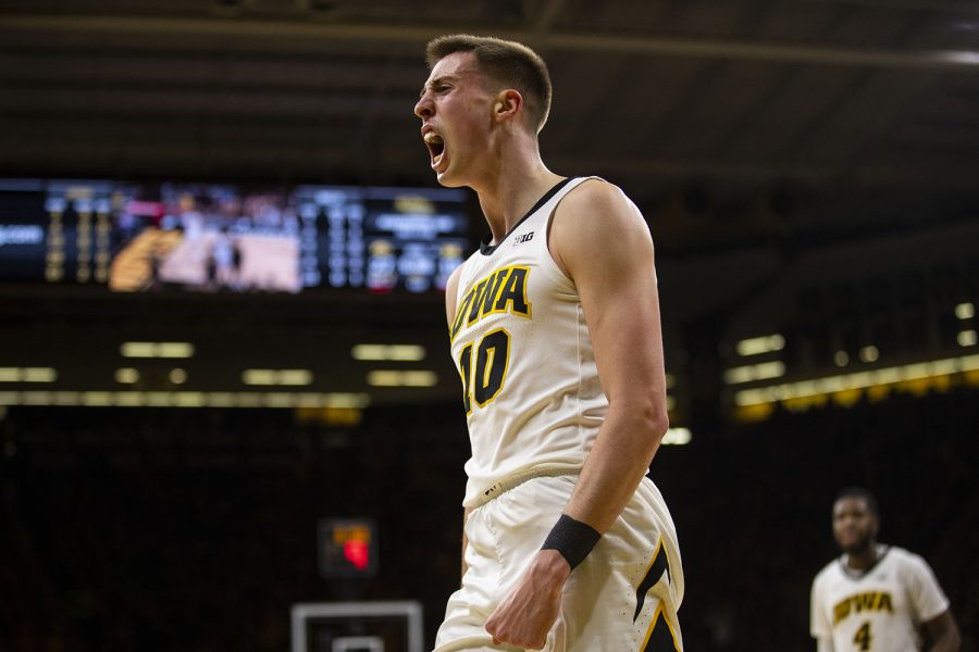 Iowa+forward+Joe+Wieskamp+reacts+after+making+a+layup+during+the+Iowa%2FMichigan+mens+basketball+game+at+Carver-Hawkeye+Arena+on+Friday%2C+February+1%2C+2019.+The+Hawkeyes+took+down+the+No.+5+ranked+Wolverines%2C+74-59.