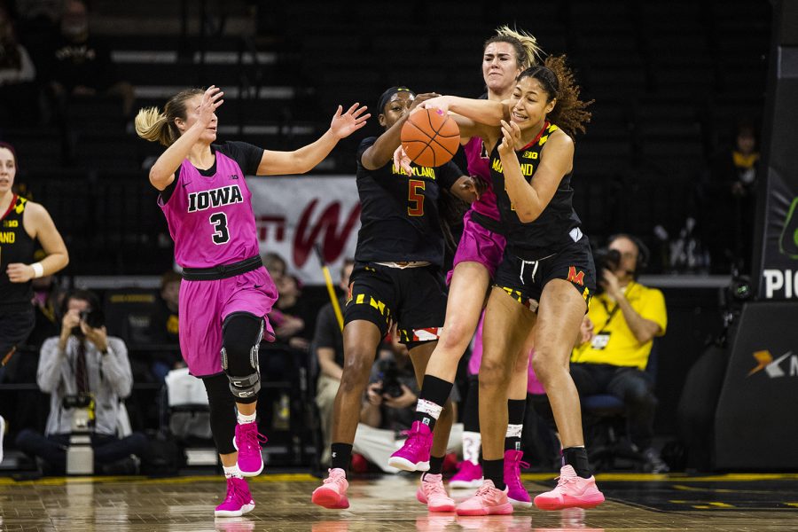 Maryland forward Shakira Austin reaches for the ball during the women's basketball game vs. Maryland at Carver-Hawkeye Arena on Sunday, February 17, 2019. The Hawkeyes defeated the Terrapins 86-73. 