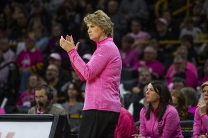 Iowa head coach Lisa Bluder claps during the womens basketball game vs. Maryland at Carver-Hawkeye Arena on Sunday, February 17, 2019. The Hawkeyes defeated the Terrapins 86-73.