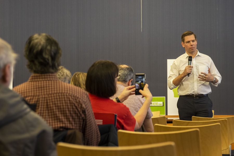 U.S. Rep. Eric Swalwell, D-Calif., speaks during an event at the Iowa City Public Library on Monday, February 18, 2019. Rep. Swalwell is expected to announce a candidacy for President of the United States. (Lily Smith/The Daily Iowan)