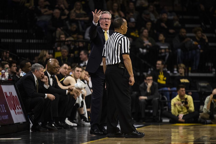 Iowa head coach Fran McCaffery reacts to a call during the men's basketball game vs. Indiana at Carver-Hawkeye Arena on Friday, February 22, 2019. The Hawkeyes defeated the Hoosiers 76-70. 
