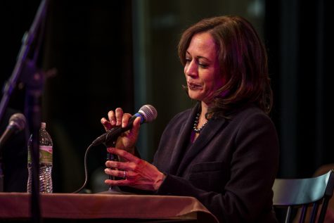 Sen. Kamala Harris, D-Calif., speaks during a during a recording of the Political Party Live podcast at CSPS Hall in Cedar Rapids on  Sunday Feb. 24, 2019.