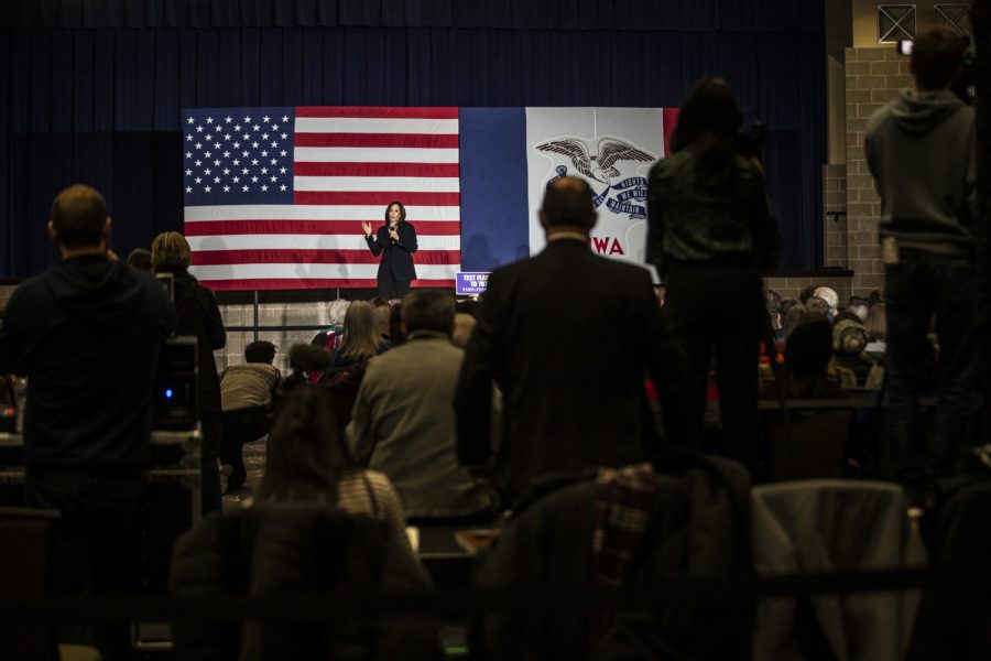 Sen. Kamala Harris, D-Calif., speaks during a town hall at the Quad Cities Waterfront  Convention Center in Bettendorf, Iowa on  Sunday Feb. 24, 2019.