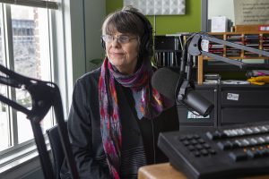 Mary Beth Tinker listens to a question during an interview at the KRUI studio on Tuesday, February 26, 2019. Mary Beth and John Tinker wore black armbands to school in protest of the Vietnam War in the 1960s, leading to the Tinker vs. Des Moines court case in 1969.