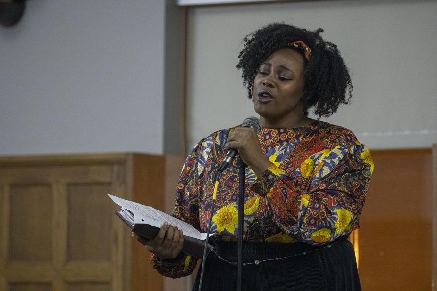 Kokoo performs during the Black History Month Slam Poetry event in the IMU on Thursday, February 28, 2019. The event was hosted by The Iowa Edge Student Organization, in collaboration with Black Art; Real Stories.