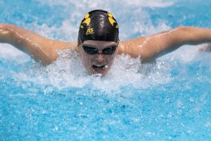 Iowa swimmer Kelsey Drake swims the 100m butterfly during a swim meet against the University of Northern Iowa and Western Illinois University on Friday, Feb. 1, 2019. 