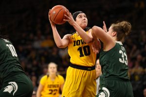 Iowa forward Megan Gustafson (10) looks for a shot during a basketball game against Michigan State on Thursday, Feb. 7, 2019. The Hawkeyes defeated the Spartans 86-71. 