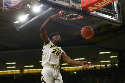 Iowa forward Tyler Cook (25) goes for a dunk during a basketball game against Maryland at Carver-Hawkeye Arena on Tuesday, Feb. 19, 2019. The Terrapins defeated the Hawkeyes 66-65.