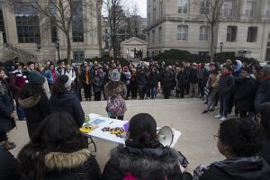 A student speaks during a rally for the #DoesUIowaLoveMe movement in the T. Anne Cleary Walkway on Thursday, February 28, 2019. Students, university faculty, and community members gathered to tell their stories about belonging to marginalized cultural groups. Does UIowa Love Me is a collective of students that aims to give underrepresented students an outlet to share their experiences as people of color at a predominantly white institution.
