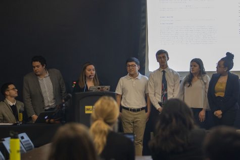 UISG Senator Alexia Sanchez (third from left) speaks during a UISG meeting in the IMU Black Box Theater on Tuesday, February 26, 2019.