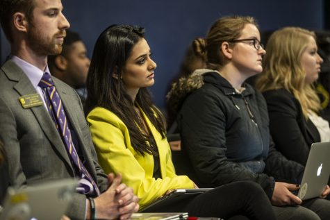 UISG Hira Mustafa looks on during discussion of a potential senate override to her veto on funding for the First Generation Summit at the Iowa Memorial Union on Tuesday, February 19, 2019. 