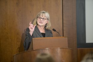 Professor Karen Heimer speaks during the 36th Annual Presidential Lecture at the Levitt Center in Iowa City on Sunday, Feb. 24, 2019. Heimer was speaking about her research on violence against women in the United States. 