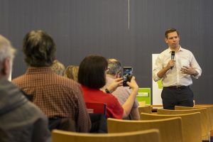 U.S. Rep. Eric Swalwell, D-Calif., speaks during an event at the Iowa City Public Library on Monday, February 18, 2019. Rep. Swalwell is expected to announce a candidacy for President of the United States.