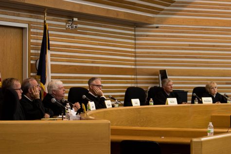 Iowa Supreme Court Justices listen to oral arguments and answer student questions during Supreme Court Day in the Boyd Law Building on Thursday, September 6, 2018. 