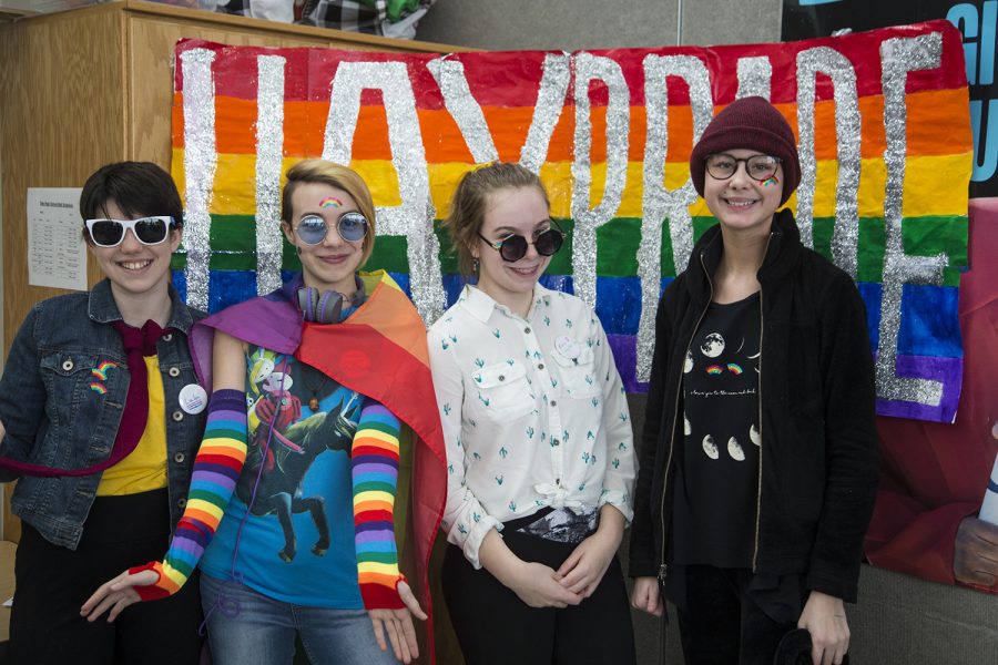 7th graders Lulu Roarick, Connor Jakob, Erin Partridge, and Vivian Sheilds pose at Pride Con on Saturday February 23 2019 at Elizabeth Tate High School. Pride Con is a yearly event held for LGBTQ youth in Iowa City.(Grace Colton/The Daily Iowan)
