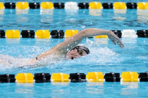 Iowa swimmer Allyssa Fluit swims the 200 freestyle during a swim meet against the University of Northern Iowa and Western Illinois University on Friday, Feb. 1, 2019. 