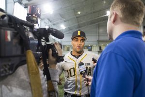 Lorenzo Elion talks to the press for interviews during baseball media day at the Hansen Football Performance Facility on Thursday,   Feb. 5, 2019.