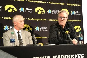 Iowa Athletics Director Gary Barta (left) and Iowa men’s basketball head coach Fran McCaffery hold a press conference on Wednesday.