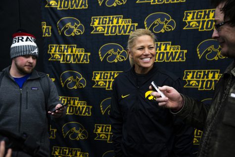 Softball head coach Renee Gillispie talks to the media during Softball Media Day at the Hawkeye Tennis and Recreation Complex on Friday, February 1, 2019. 