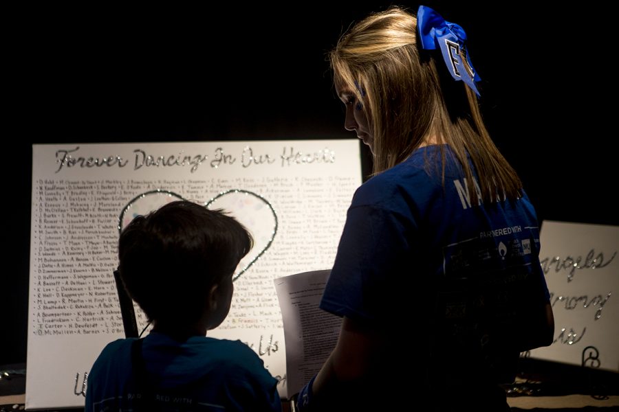Aubree Dunn (left) and Madison Brenner (right) view the board dedicated to all the children in the Dancing In Our Hearts room of the Iowa Memorial Union on Friday Feb. 1, 2019.