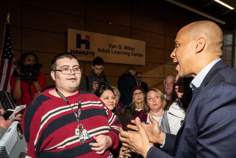 New Jersey Sen. Cory Booker speaks to his audience following a community forum at the Hawkeye Community College Van G. Miller Adult Learning Center in Waterloo, Iowa on Friday, February 8, {yr4.} Senator Booker announced his campaign for President of the United States on February 1, 2019. 