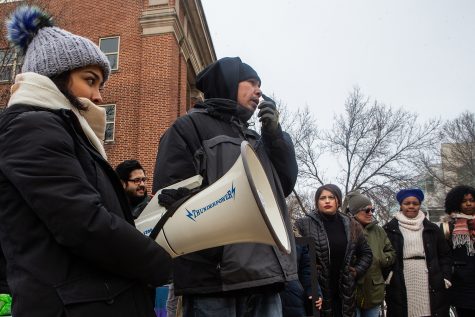 UI Student Dawson Davenport speaks during a rally for the #DoesUIowaLoveMe movement  in the T. Anne Cleary Walkway on Thursday, February 28, 2019. Students, university faculty, and community members gathered to tell their stories about belonging to marginalized cultural groups. Does UIowa Love Me is a collective of students that aims to give underrepresented students an outlet to share their experiences as people of color at a predominantly white institution. 