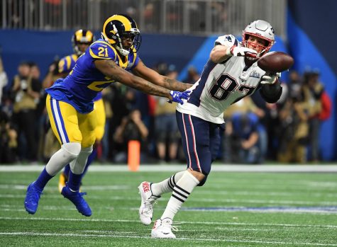New England Patriots tight end Rob Gronkowski (87) cant catch the pass as the Los Angeles Rams Aqib Talib covers in the first quarter during Super Bowl LIII at Mercedes-Benz Stadium in Atlanta on Sunday, Feb. 3, 2019. (Wally Skalij/Los Angeles Times/TNS)