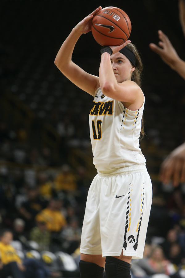 Iowa center Megan Gustafson shoots a free throw during the meeting between the Iowa Hawkeyes and Rutgers Scarlet Knights on Thursday, Feb. 2, 2016 at Carver-Hawkeye. The Hawkeyes had a strong second half, pulling away with the 71-57 win. 