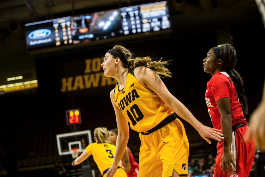 Iowas Megan Gustafson watches a shot during the NCAA womens basketball game between Iowa and Ohio State at Carver-Hawkeye Arena on Thursday, Jan. 25, 2018. The Hawkeyes beat the Buckeyes 103-89. 