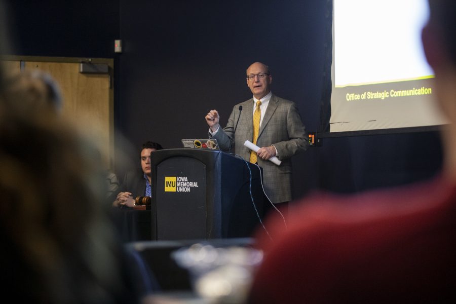 UISG financial officer Terry Johnson responds to a question after presenting at the Iowa Memorial Union on Tuesday, February 19, 2019. (Alyson Kuennen/The Daily Iowan)