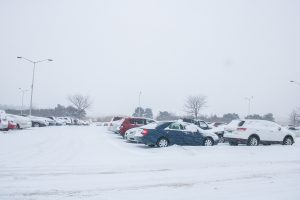 Snow comes down in the Hawk Lot on Monday, February 11, 2019. 