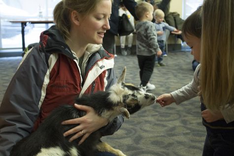 Children feed raisins to a goat during story time at the Iowa City Public Library on Monday, Feb. 11, 2019. This is Nova the goats first appearance at the library. 