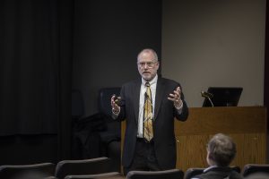 Dean Emeritus and Professor of Medicinal Chemistry and Molecular Pharmacology Craig Svensson speaks at the forum for the Vice President of Research on Thursday, February 21, 2019 at the IMU. Svensson is the third and final candidate for the Vice President position.