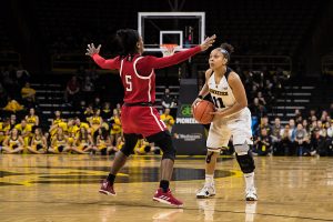 Iowa guard Tania Davis looks to pass during a womens basketball matchup between Iowa and Rutgers at Carver-Hawkeye Arena on Wednesday, January 23, 2019. The Hawkeyes defeated the Scarlet Knights, 72-66. 