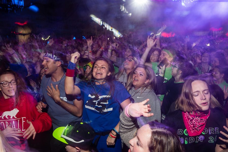 Dancers celebrate the halfway mark during Dance Marathon 25 at the Iowa Memorial Union on Saturday, February 2, 2019.