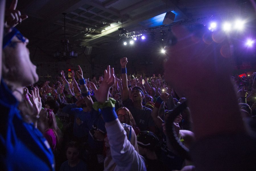 Dancers celebrate the halfway point during Dance Marathon 25 at the Iowa Memorial Union on Saturday, February 2, 2019.